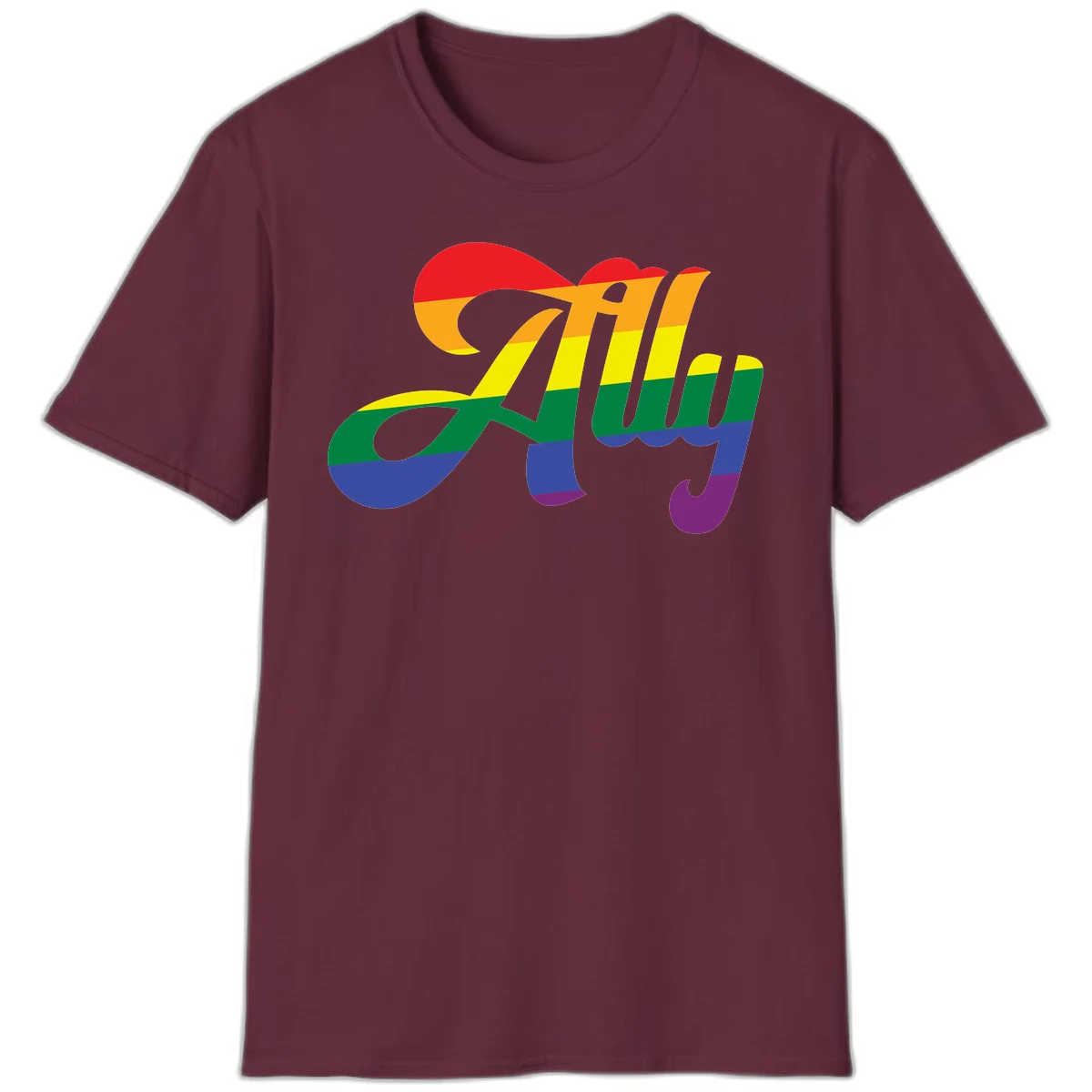Rainbow pride joy design with striped cursive lettering and colorful sun motif in Maroon