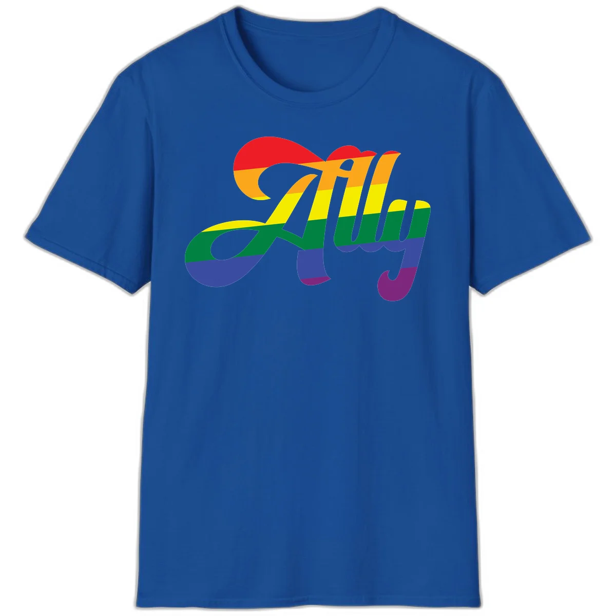 Rainbow pride joy design with striped cursive lettering and colorful sun motif in Royal