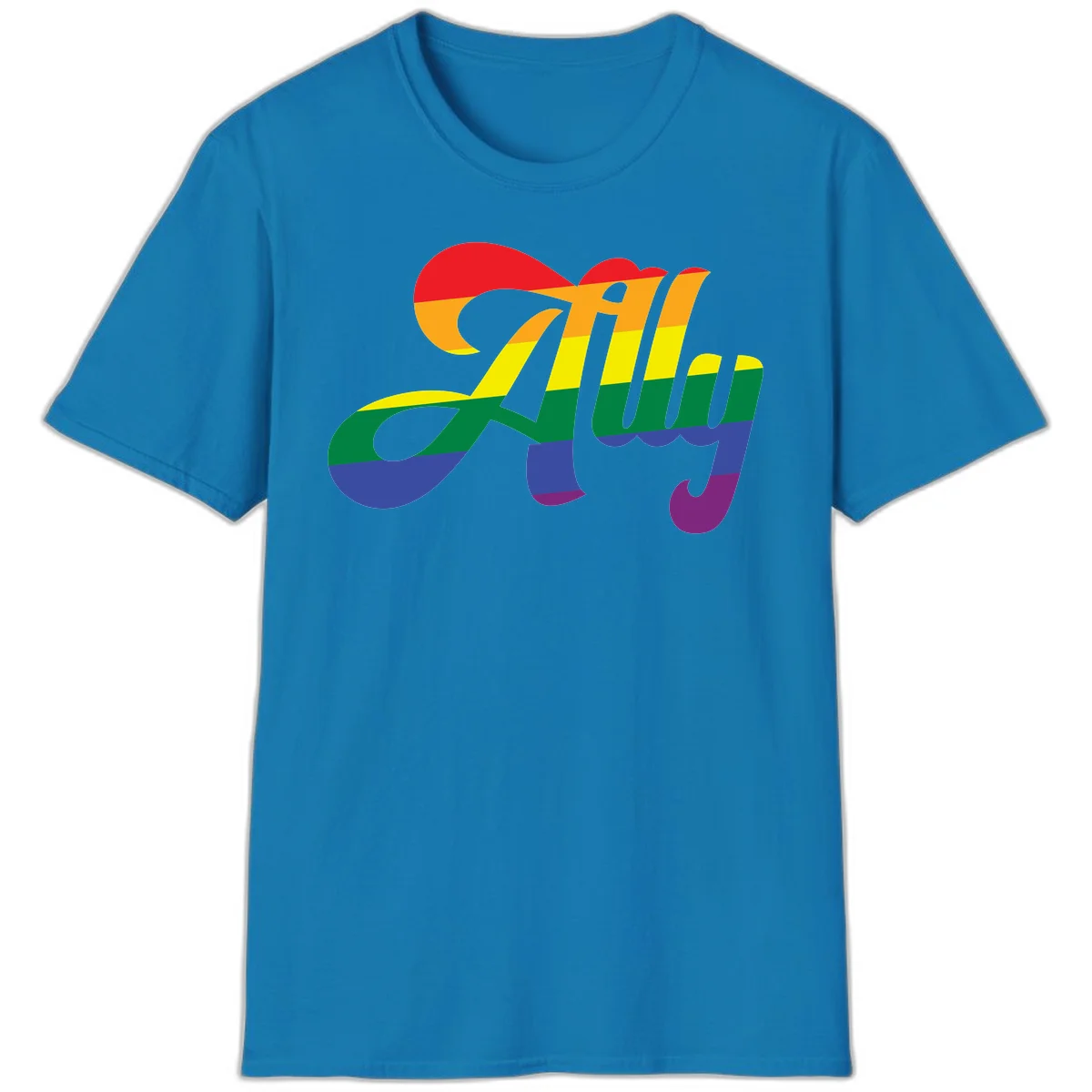 Rainbow pride joy design with striped cursive lettering and colorful sun motif in Sapphire