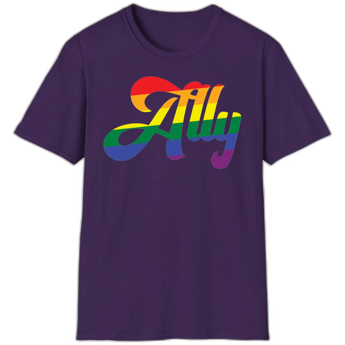 Rainbow pride joy design with striped cursive lettering and colorful sun motif in Purple