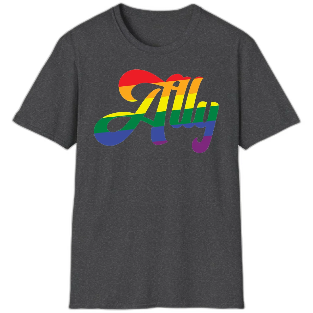 Rainbow pride joy design with striped cursive lettering and colorful sun motif in Dark Heather