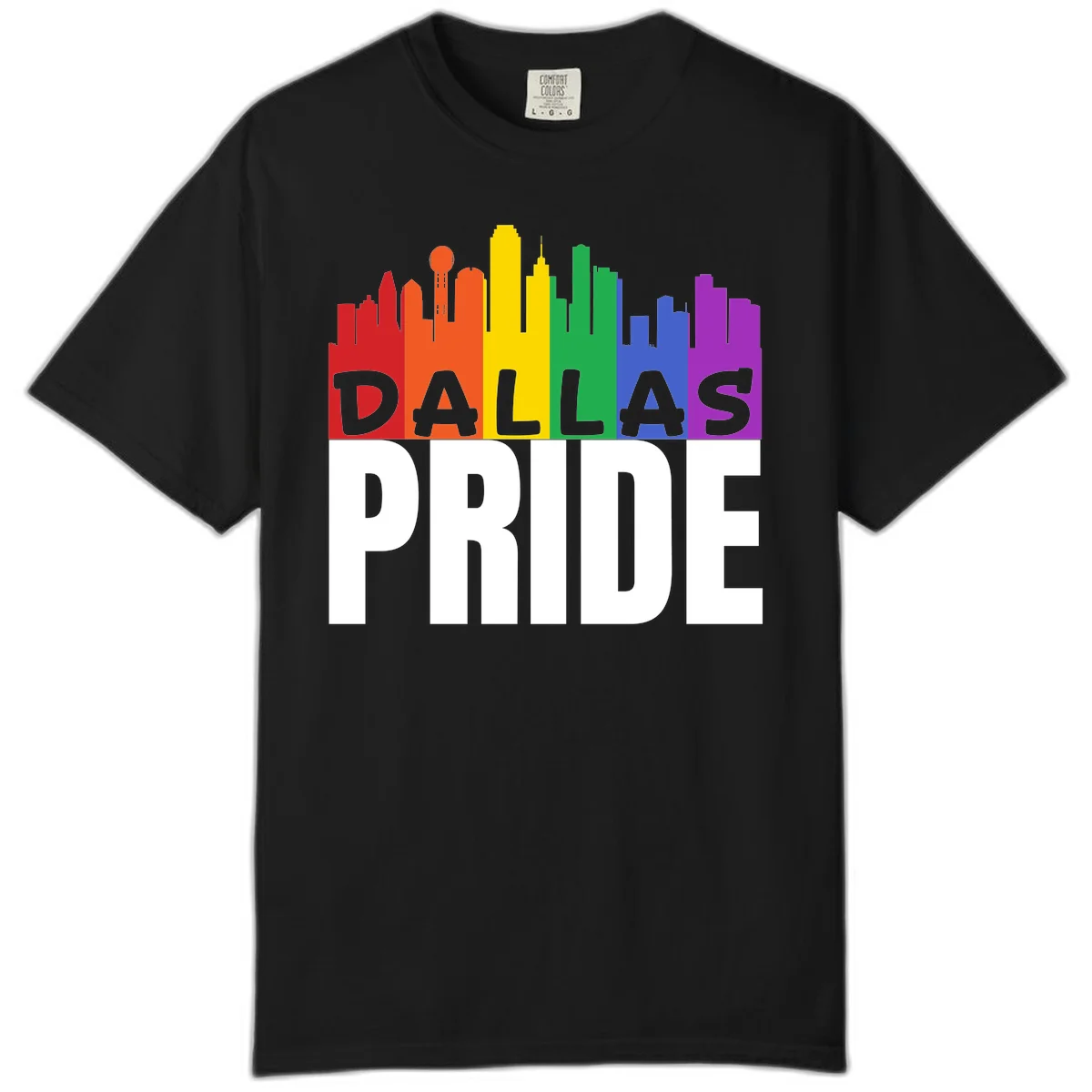 Dallas skyline in rainbow Pride colors with gray 'DALLAS PRIDE' text on white background in Black