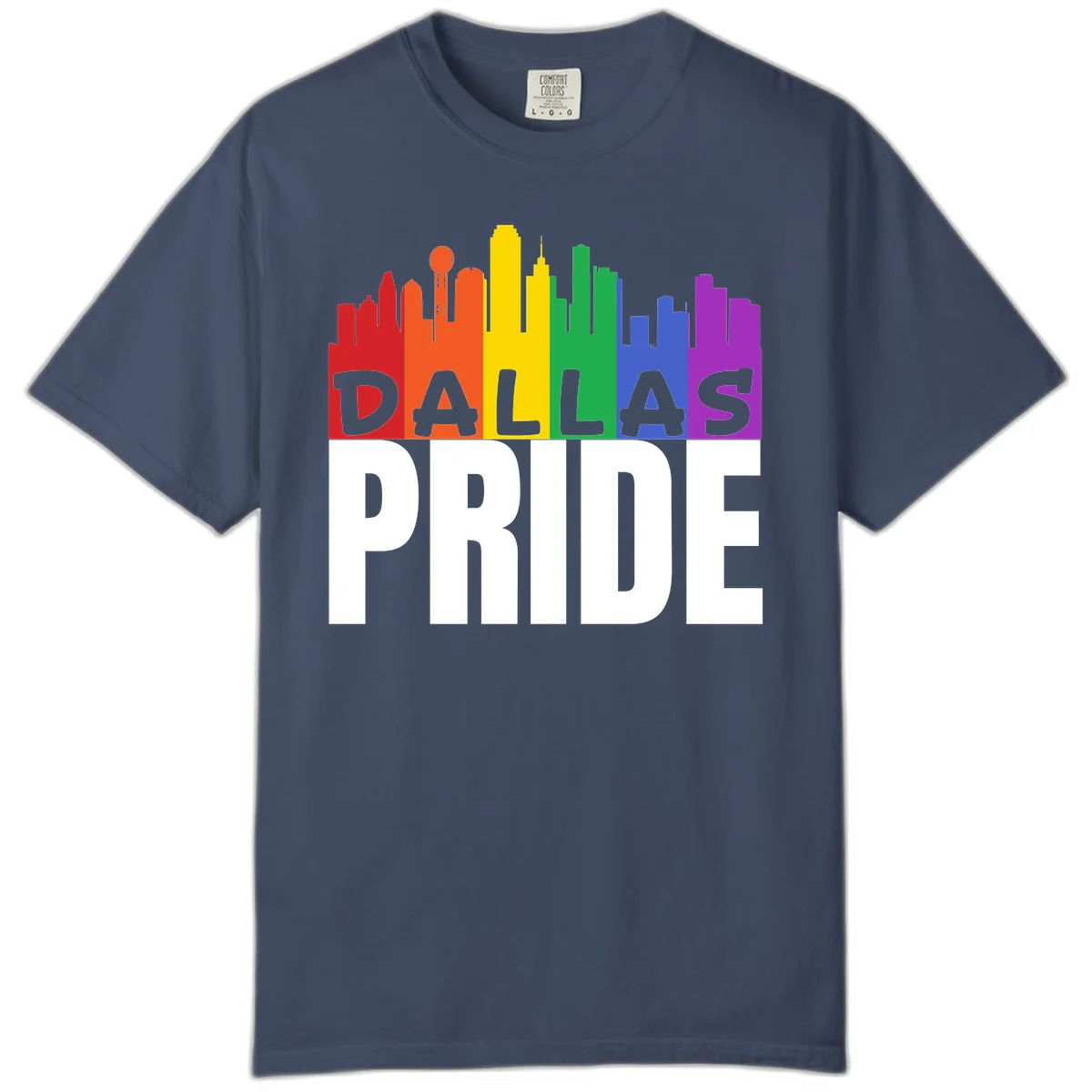 Dallas skyline in rainbow Pride colors with gray 'DALLAS PRIDE' text on white background in Midnight