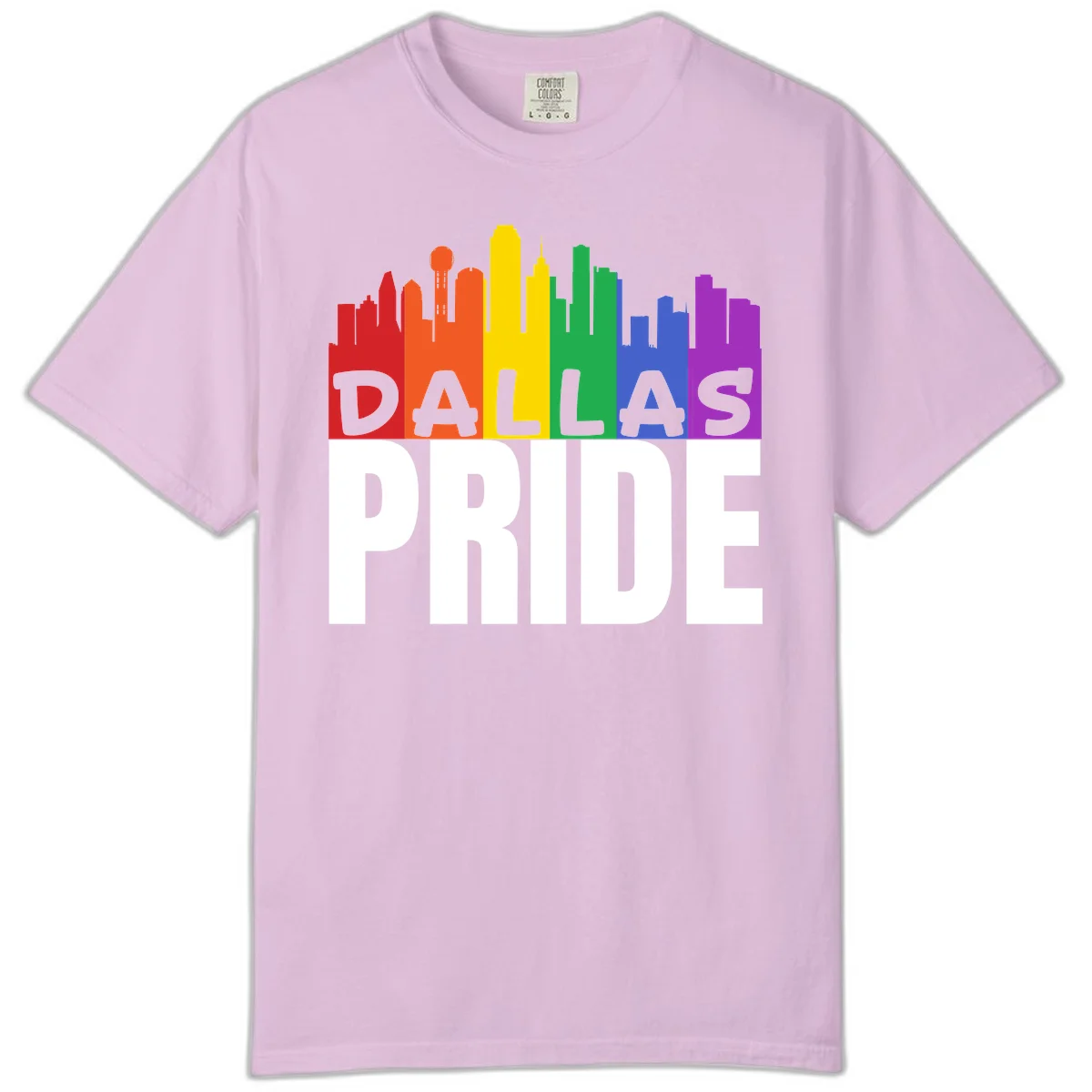 Dallas skyline in rainbow Pride colors with gray 'DALLAS PRIDE' text on white background in Orchid