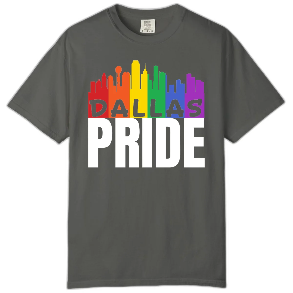 Dallas skyline in rainbow Pride colors with gray 'DALLAS PRIDE' text on white background in Pepper