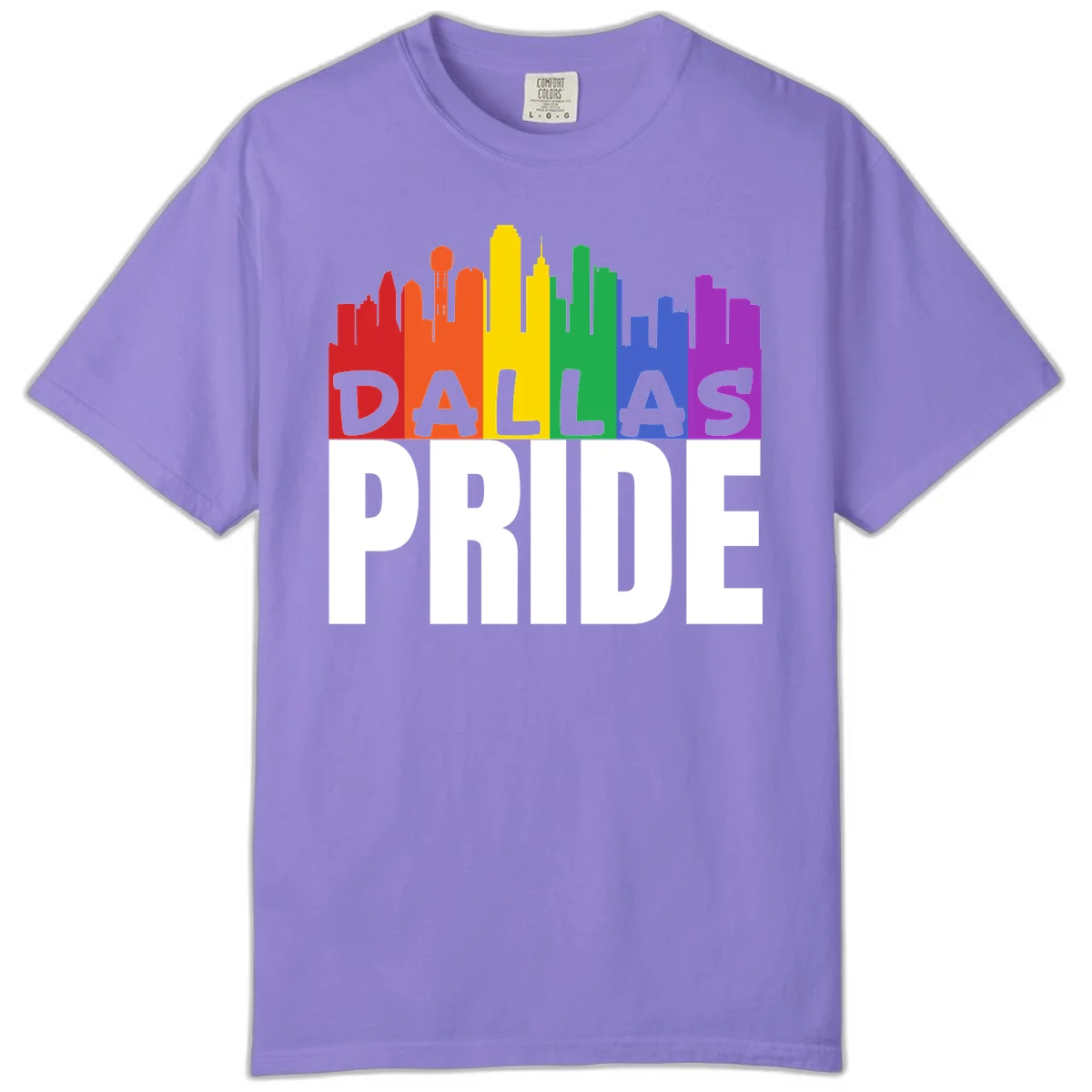 Dallas skyline in rainbow Pride colors with gray 'DALLAS PRIDE' text on white background in Violet