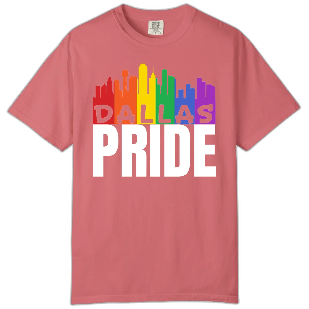 Dallas skyline in rainbow Pride colors with gray 'DALLAS PRIDE' text on white background in Watermelon