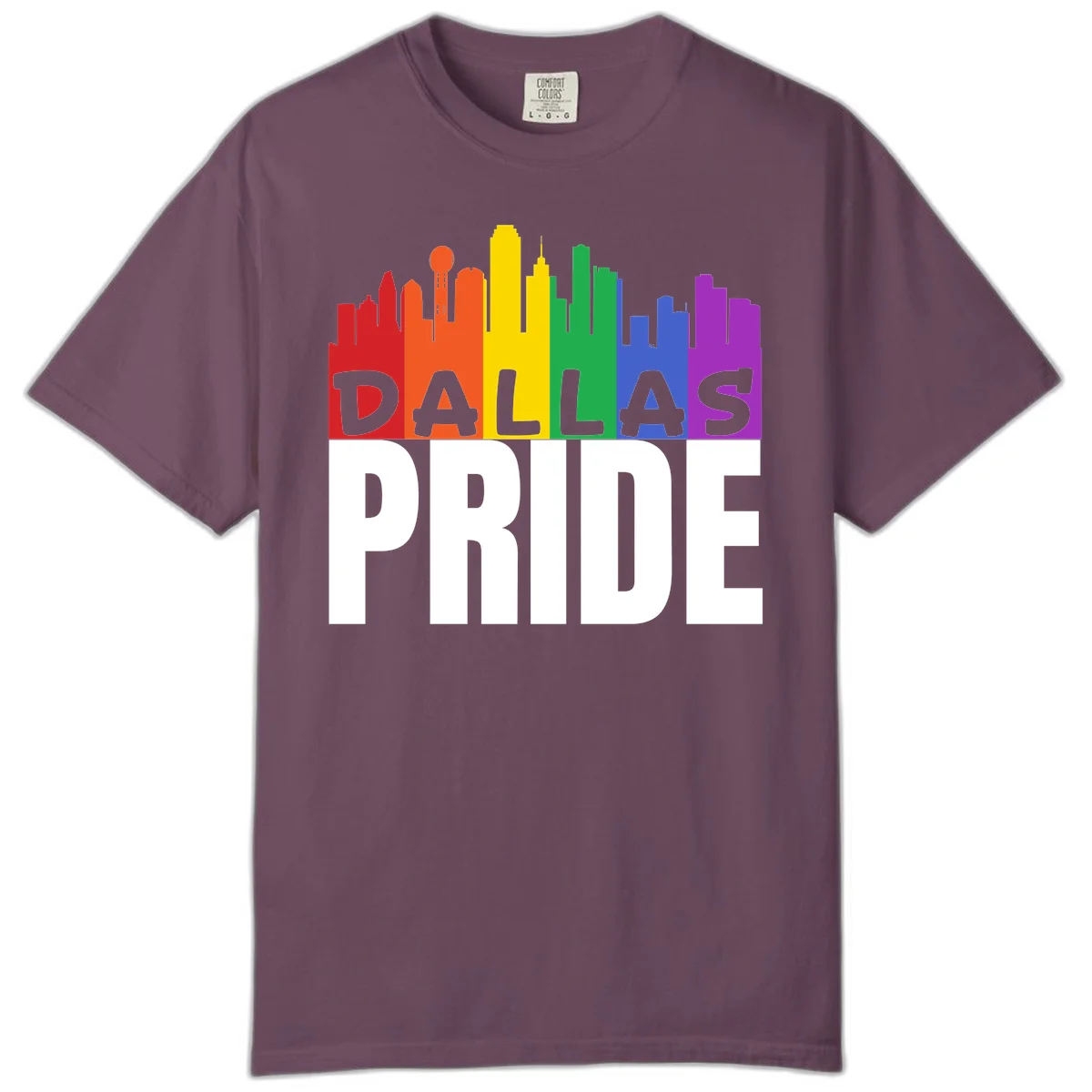 Dallas skyline in rainbow Pride colors with gray 'DALLAS PRIDE' text on white background in Berry