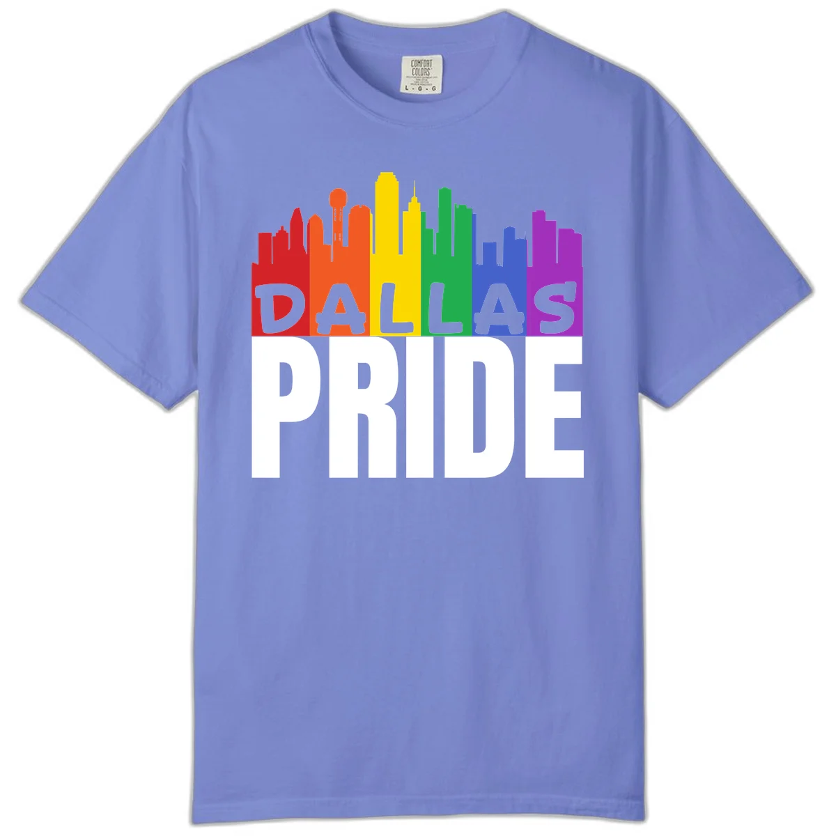 Dallas skyline in rainbow Pride colors with gray 'DALLAS PRIDE' text on white background in Flo Blue