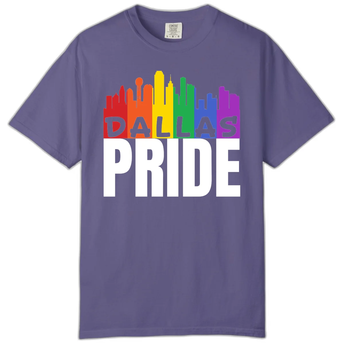 Dallas skyline in rainbow Pride colors with gray 'DALLAS PRIDE' text on white background in Grape