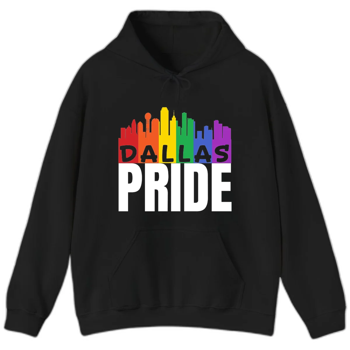 Dallas skyline in rainbow Pride colors with gray 'DALLAS PRIDE' text on white background in Black