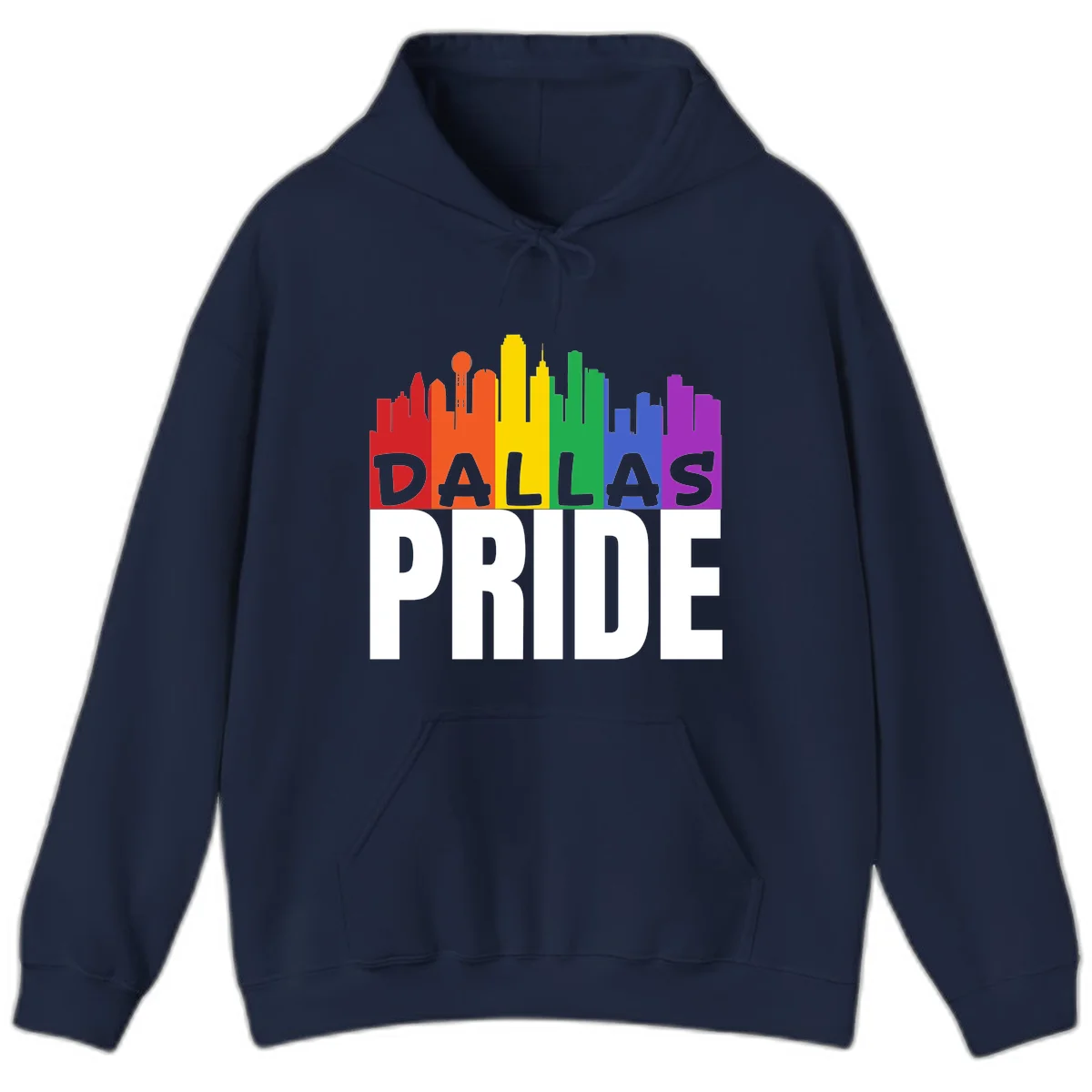 Dallas skyline in rainbow Pride colors with gray 'DALLAS PRIDE' text on white background in Navy