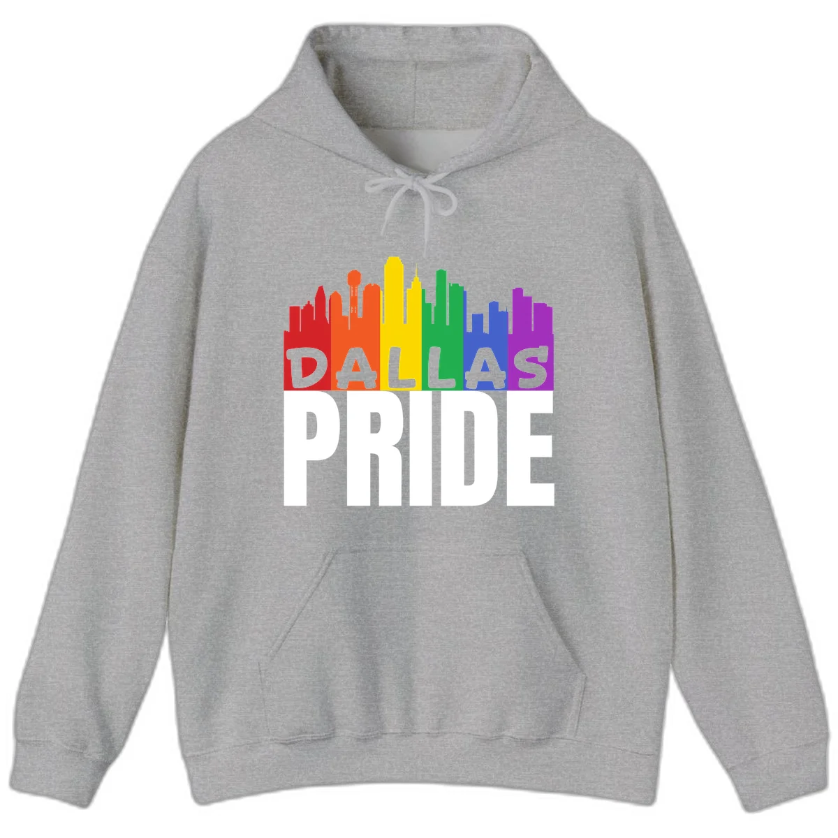 Dallas skyline in rainbow Pride colors with gray 'DALLAS PRIDE' text on white background in Sport Grey