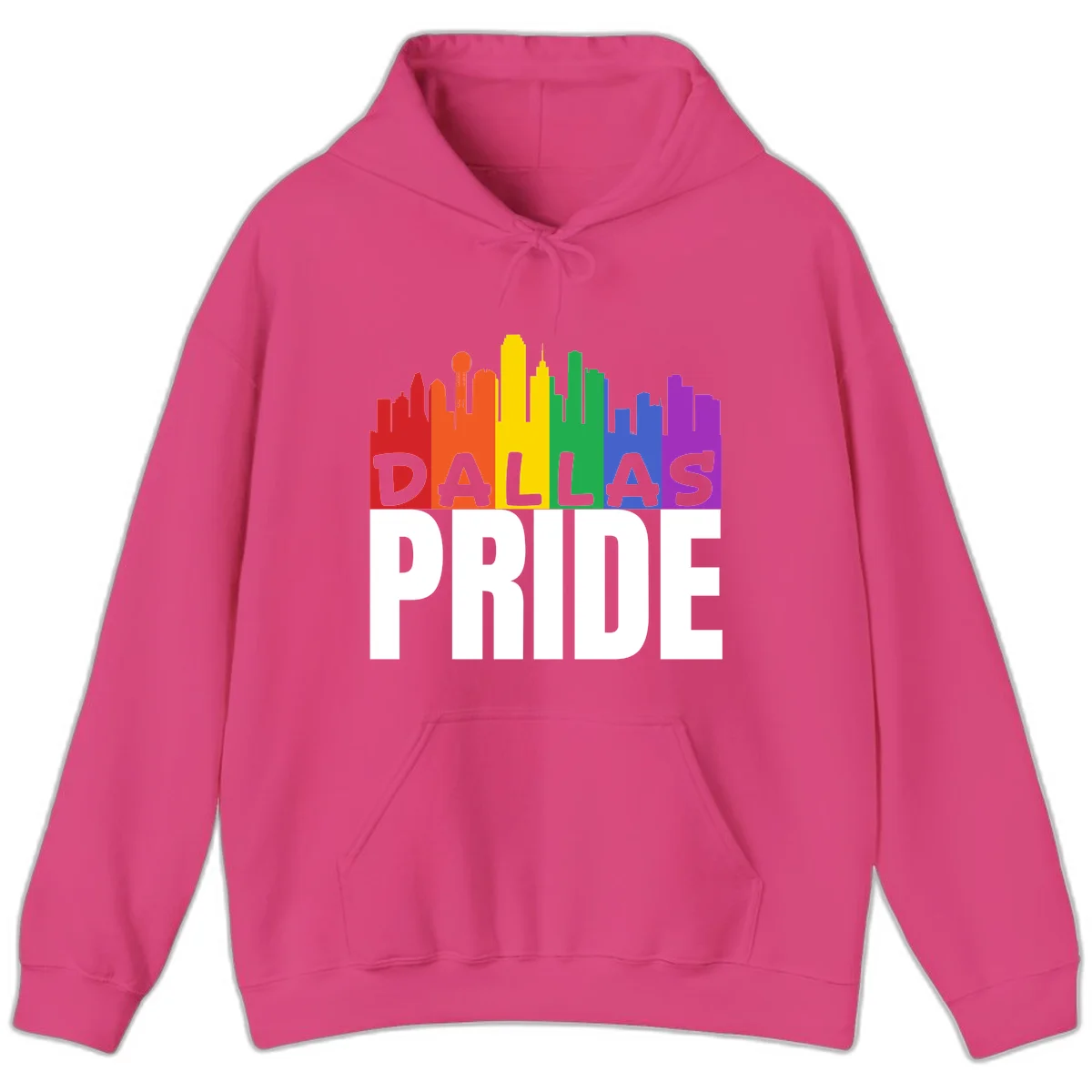 Dallas skyline in rainbow Pride colors with gray 'DALLAS PRIDE' text on white background in Heliconia