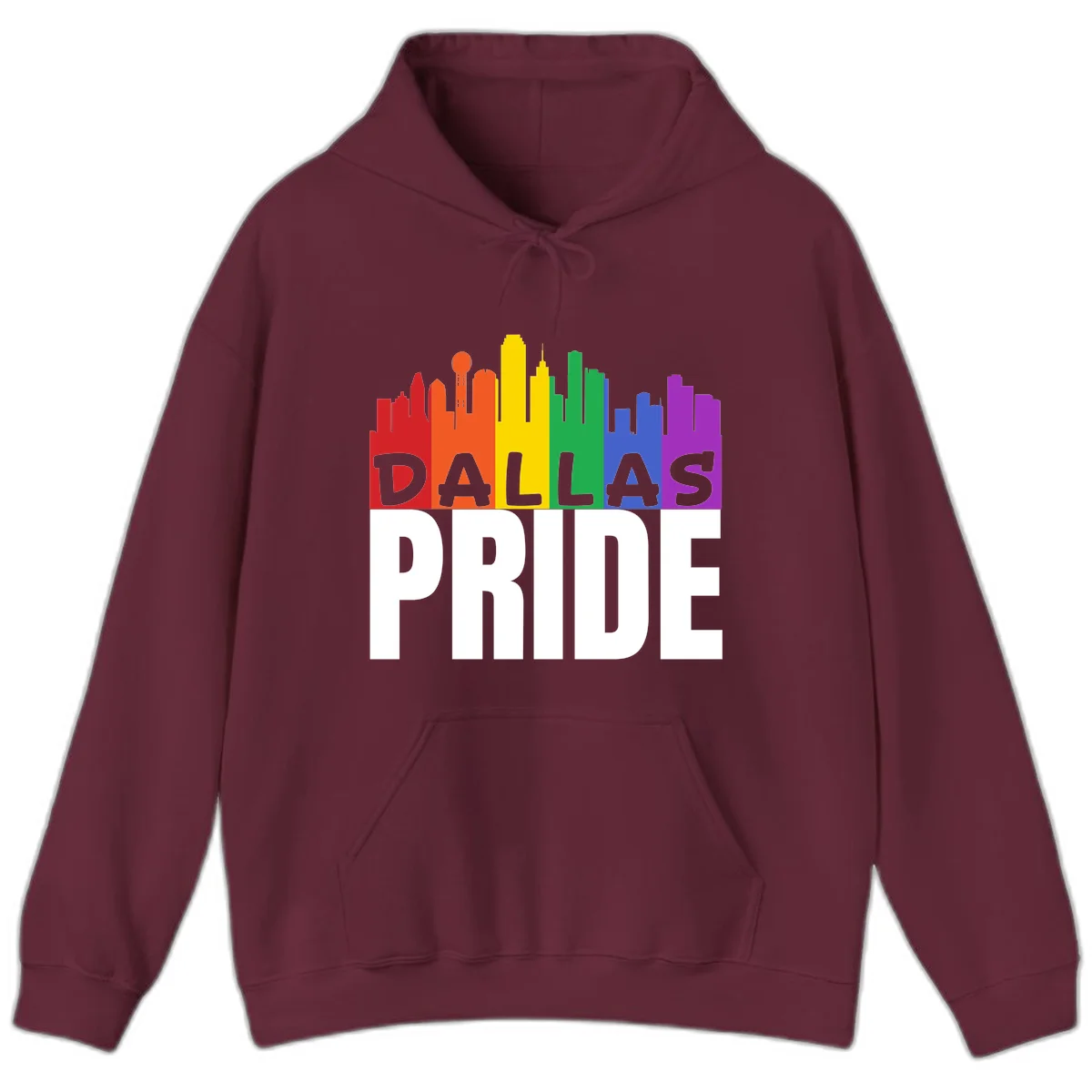 Dallas skyline in rainbow Pride colors with gray 'DALLAS PRIDE' text on white background in Maroon