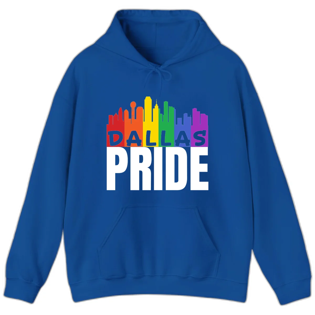 Dallas skyline in rainbow Pride colors with gray 'DALLAS PRIDE' text on white background in Royal