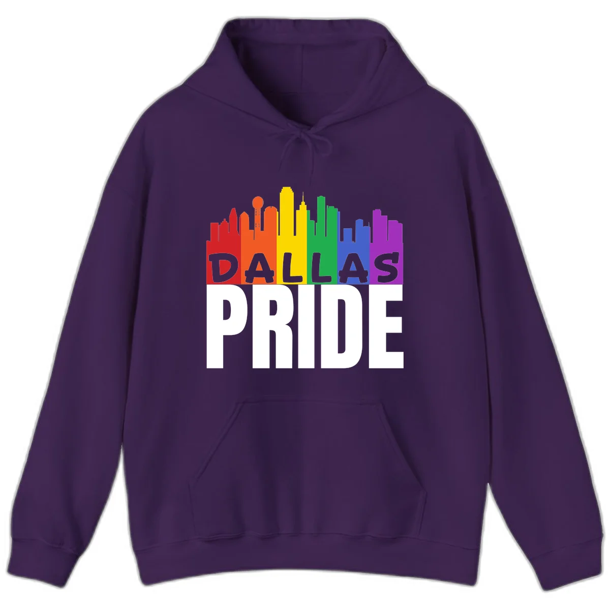 Dallas skyline in rainbow Pride colors with gray 'DALLAS PRIDE' text on white background in Purple
