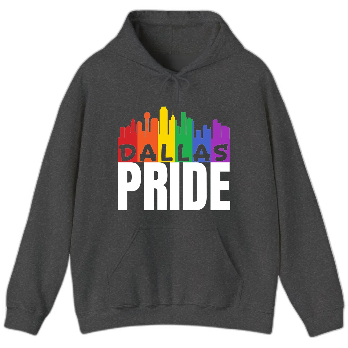Dallas skyline in rainbow Pride colors with gray 'DALLAS PRIDE' text on white background in Dark Heather