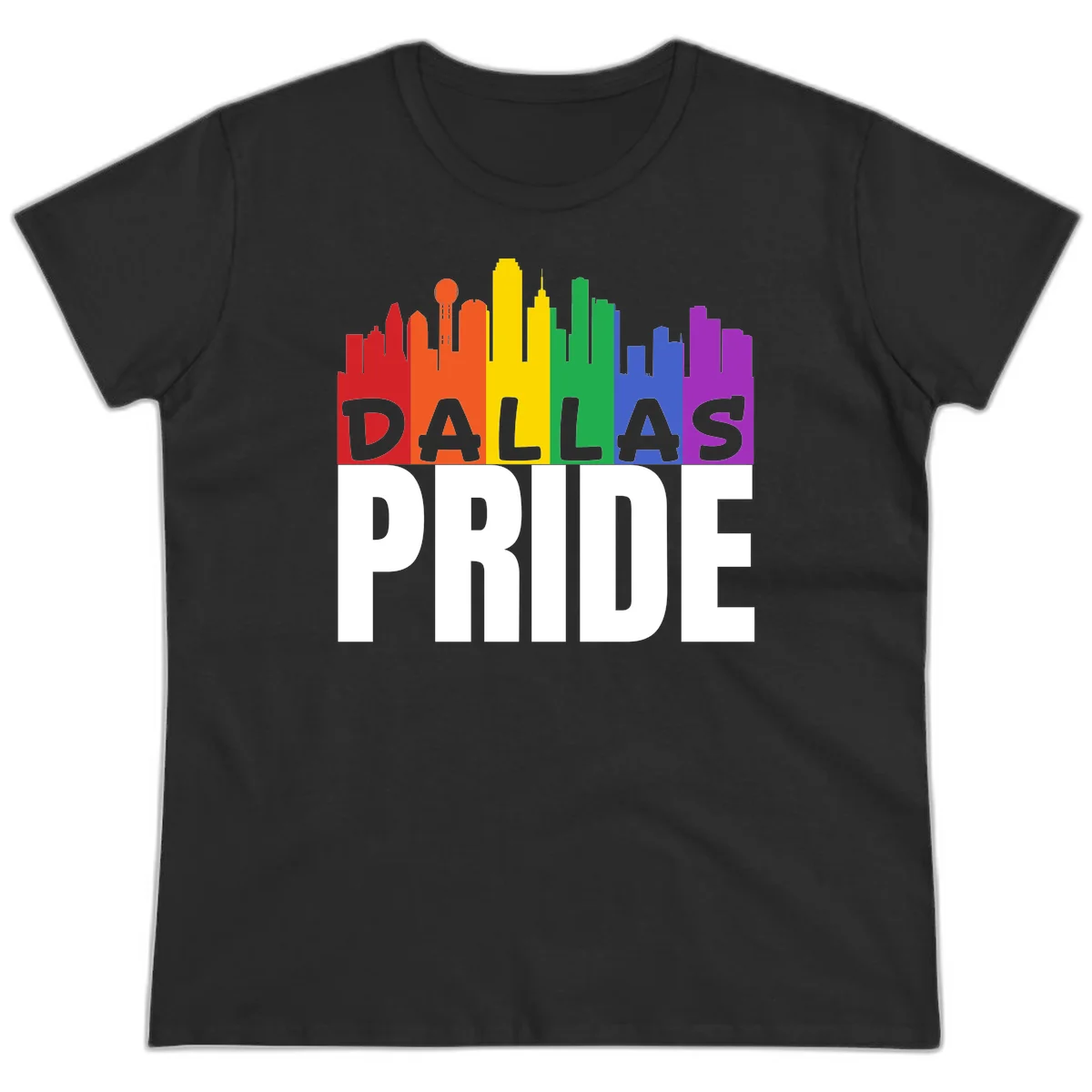 Dallas skyline in rainbow Pride colors with gray 'DALLAS PRIDE' text on white background in Black