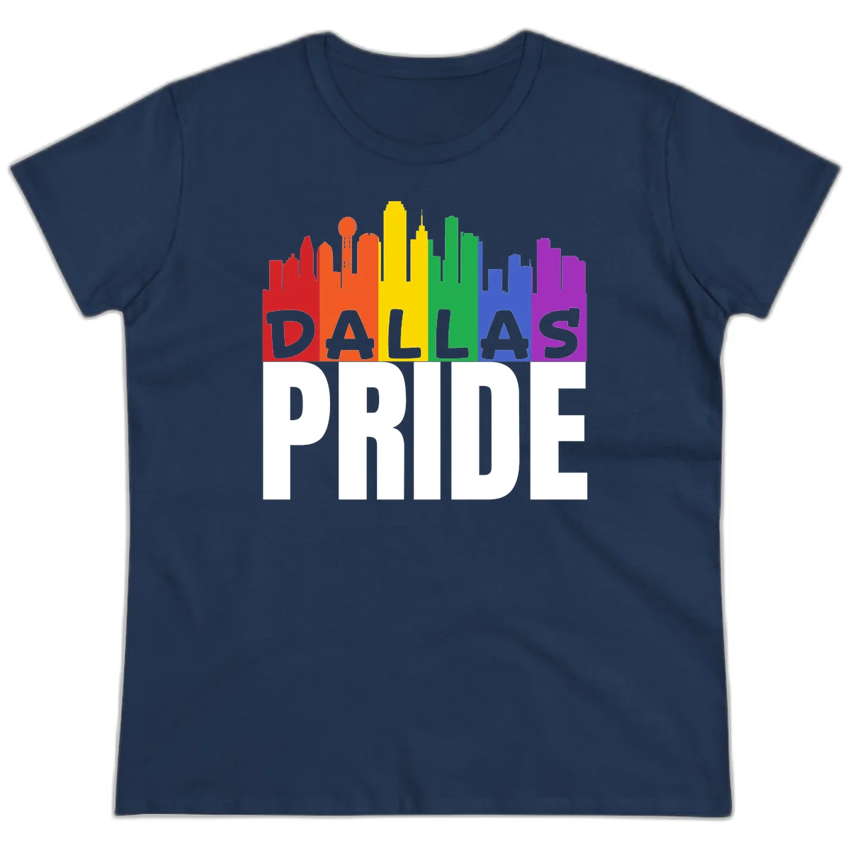 Dallas skyline in rainbow Pride colors with gray 'DALLAS PRIDE' text on white background in Navy