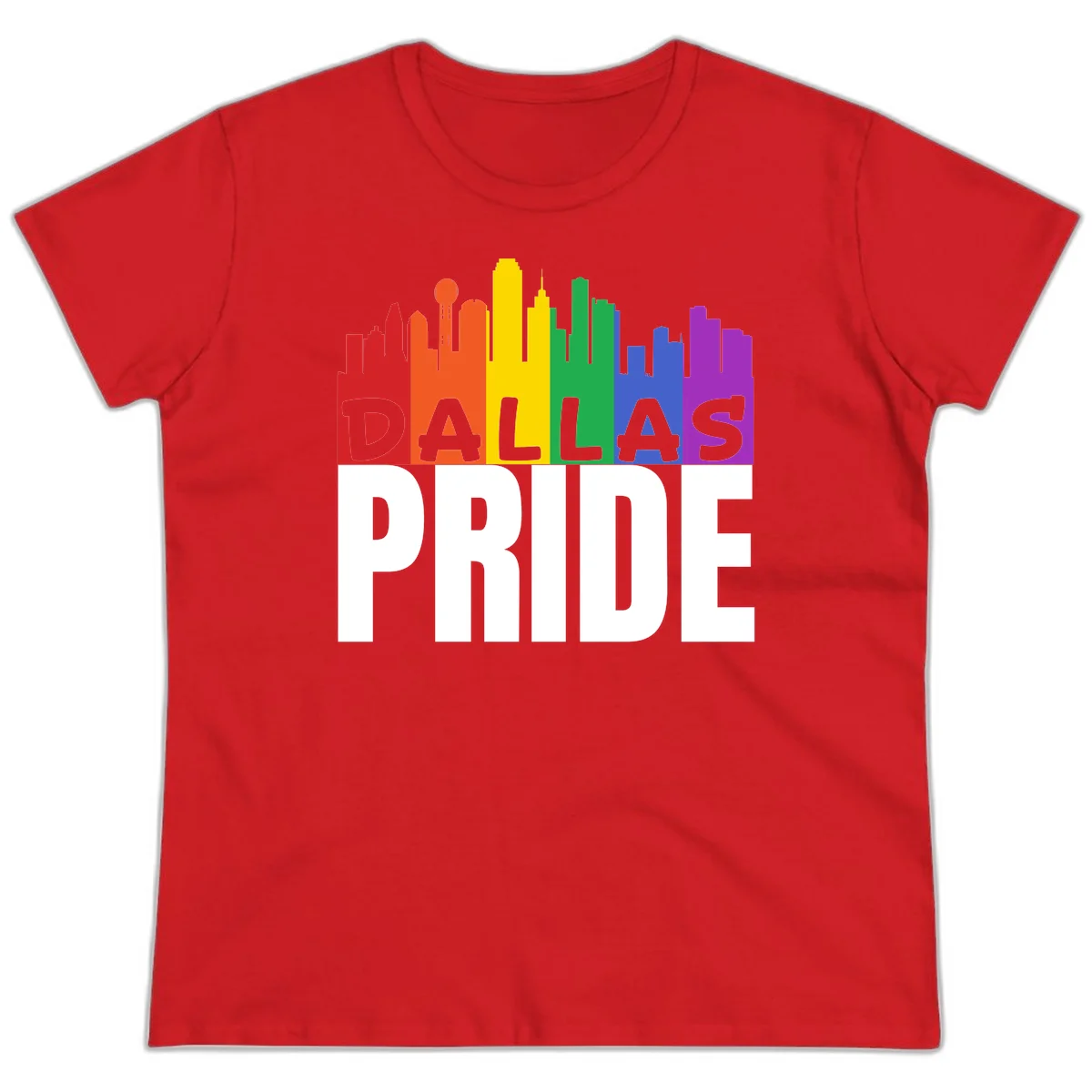 Dallas skyline in rainbow Pride colors with gray 'DALLAS PRIDE' text on white background in Red