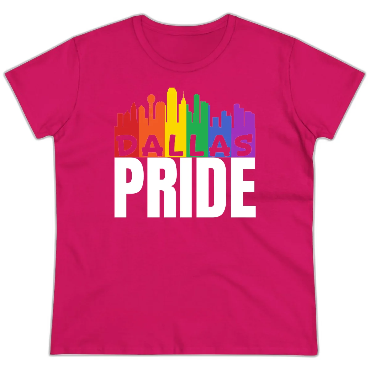 Dallas skyline in rainbow Pride colors with gray 'DALLAS PRIDE' text on white background in Heliconia