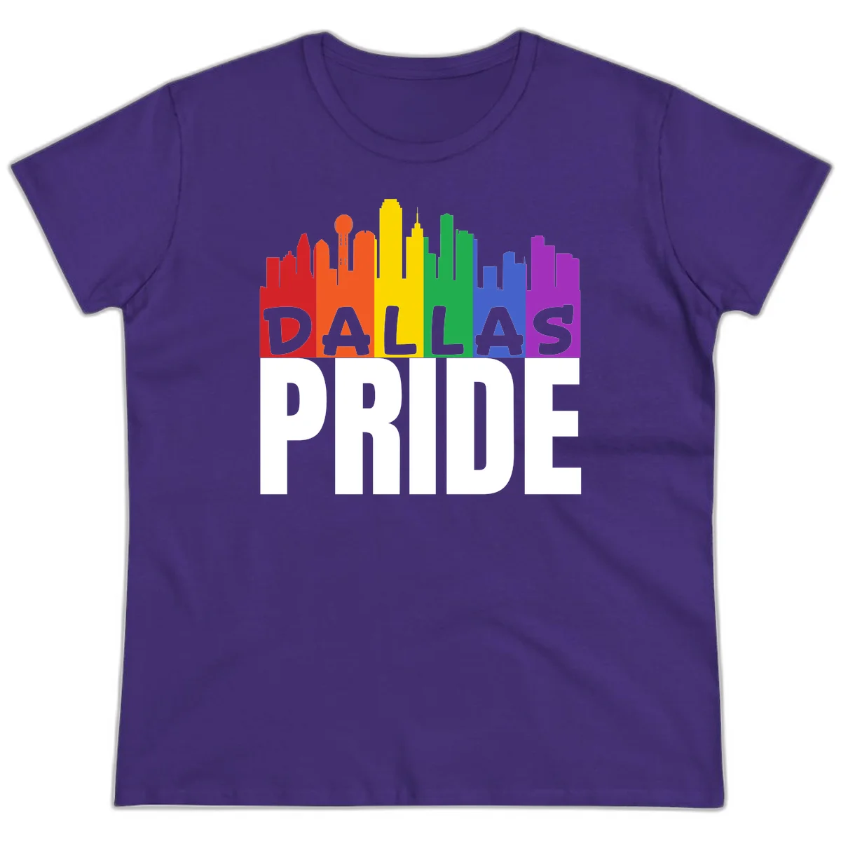 Dallas skyline in rainbow Pride colors with gray 'DALLAS PRIDE' text on white background in Purple