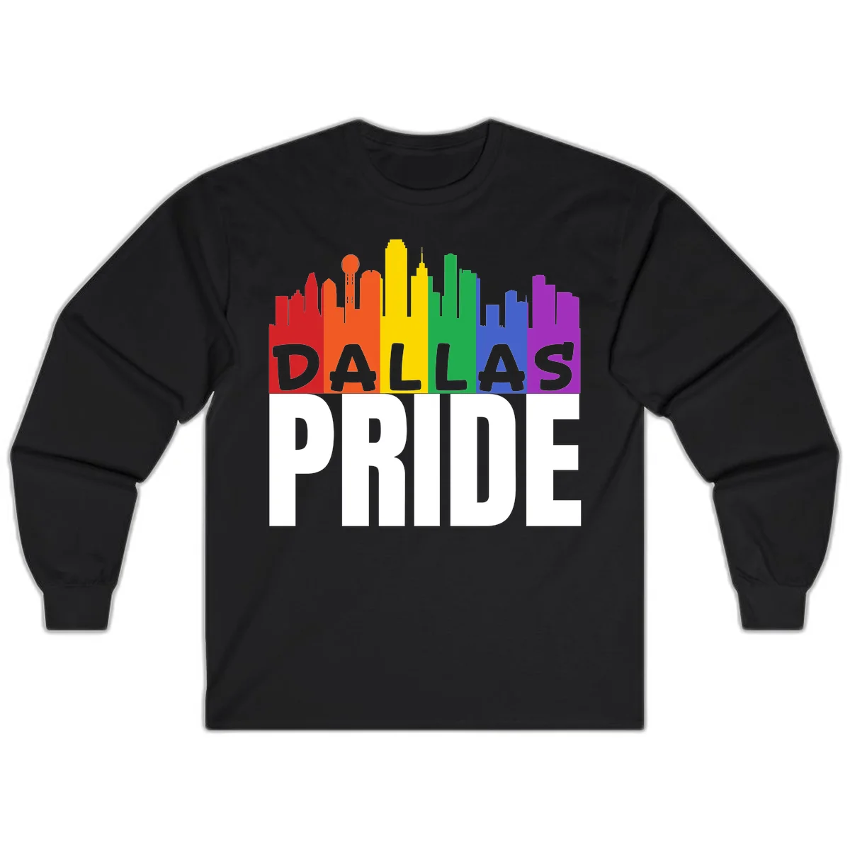 Dallas skyline in rainbow Pride colors with gray 'DALLAS PRIDE' text on white background in Black