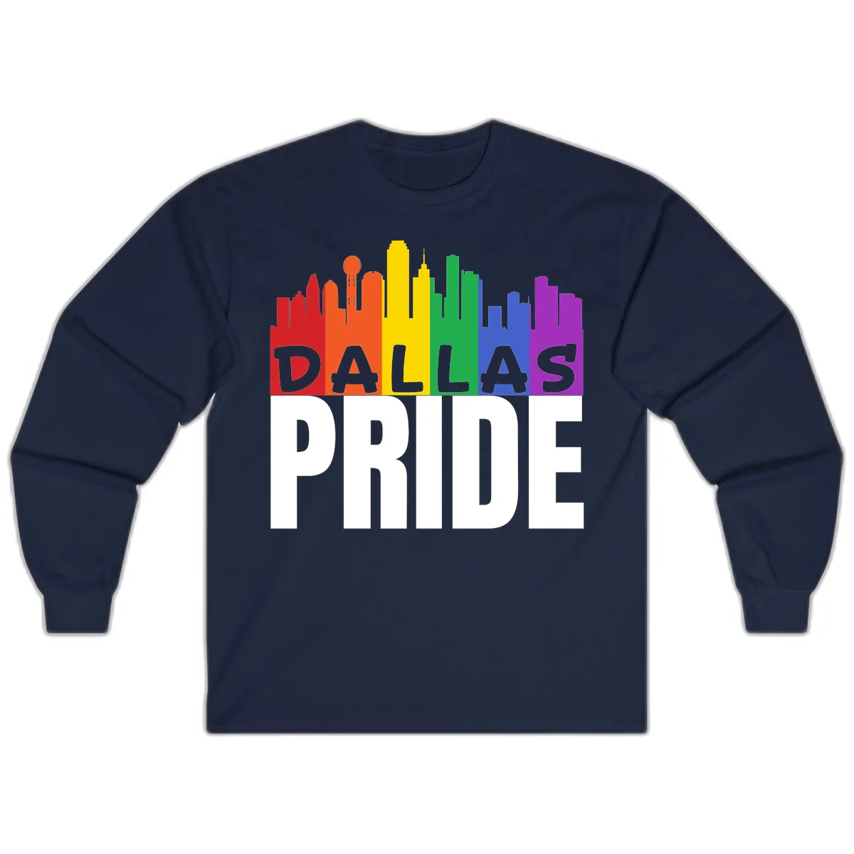 Dallas skyline in rainbow Pride colors with gray 'DALLAS PRIDE' text on white background in Navy