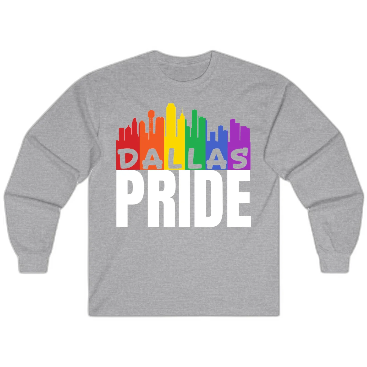 Dallas skyline in rainbow Pride colors with gray 'DALLAS PRIDE' text on white background in Sport Grey