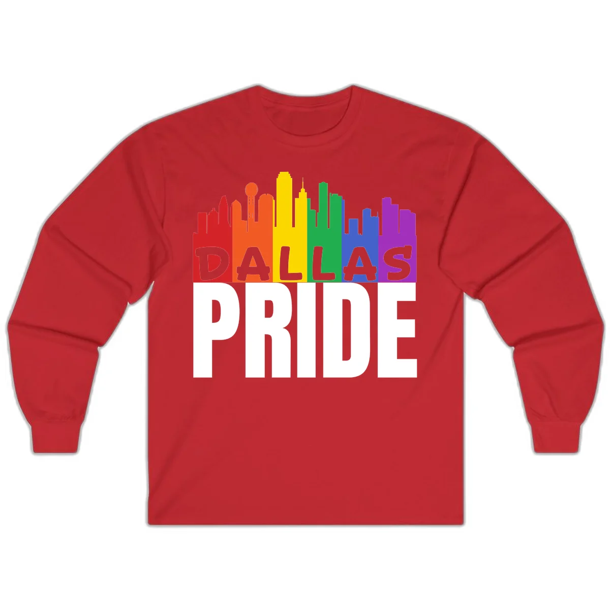 Dallas skyline in rainbow Pride colors with gray 'DALLAS PRIDE' text on white background in Red