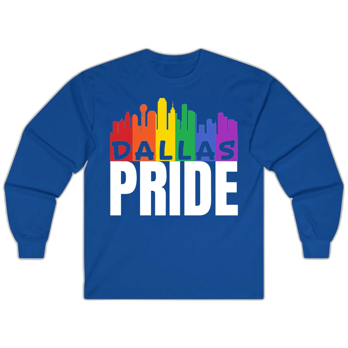Dallas skyline in rainbow Pride colors with gray 'DALLAS PRIDE' text on white background in Royal