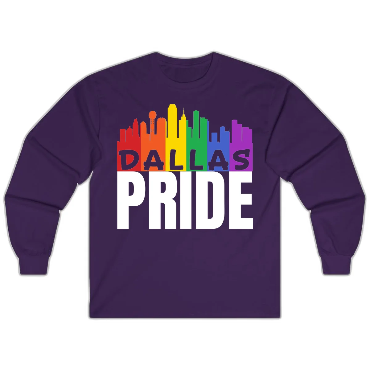 Dallas skyline in rainbow Pride colors with gray 'DALLAS PRIDE' text on white background in Purple