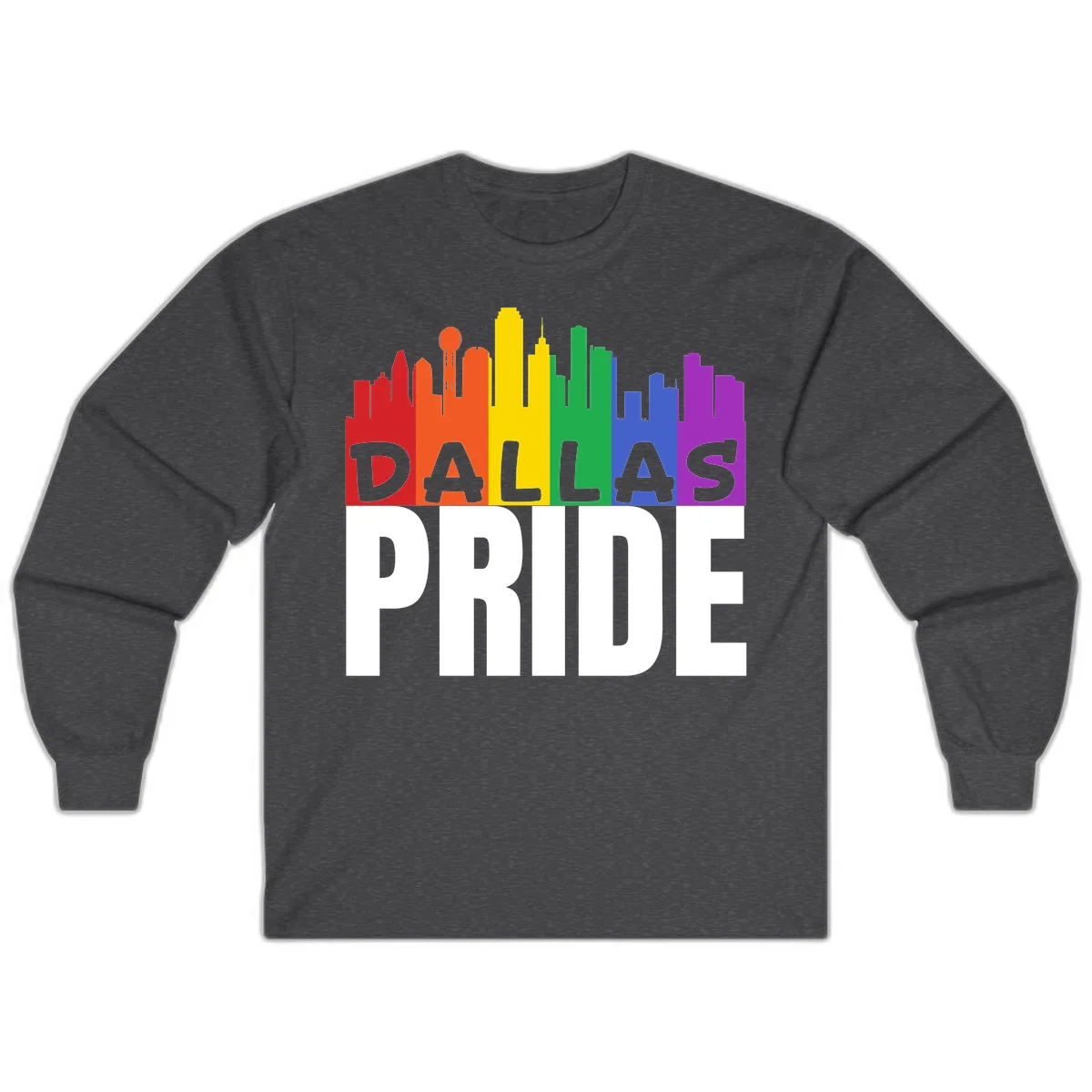 Dallas skyline in rainbow Pride colors with gray 'DALLAS PRIDE' text on white background in Dark Heather