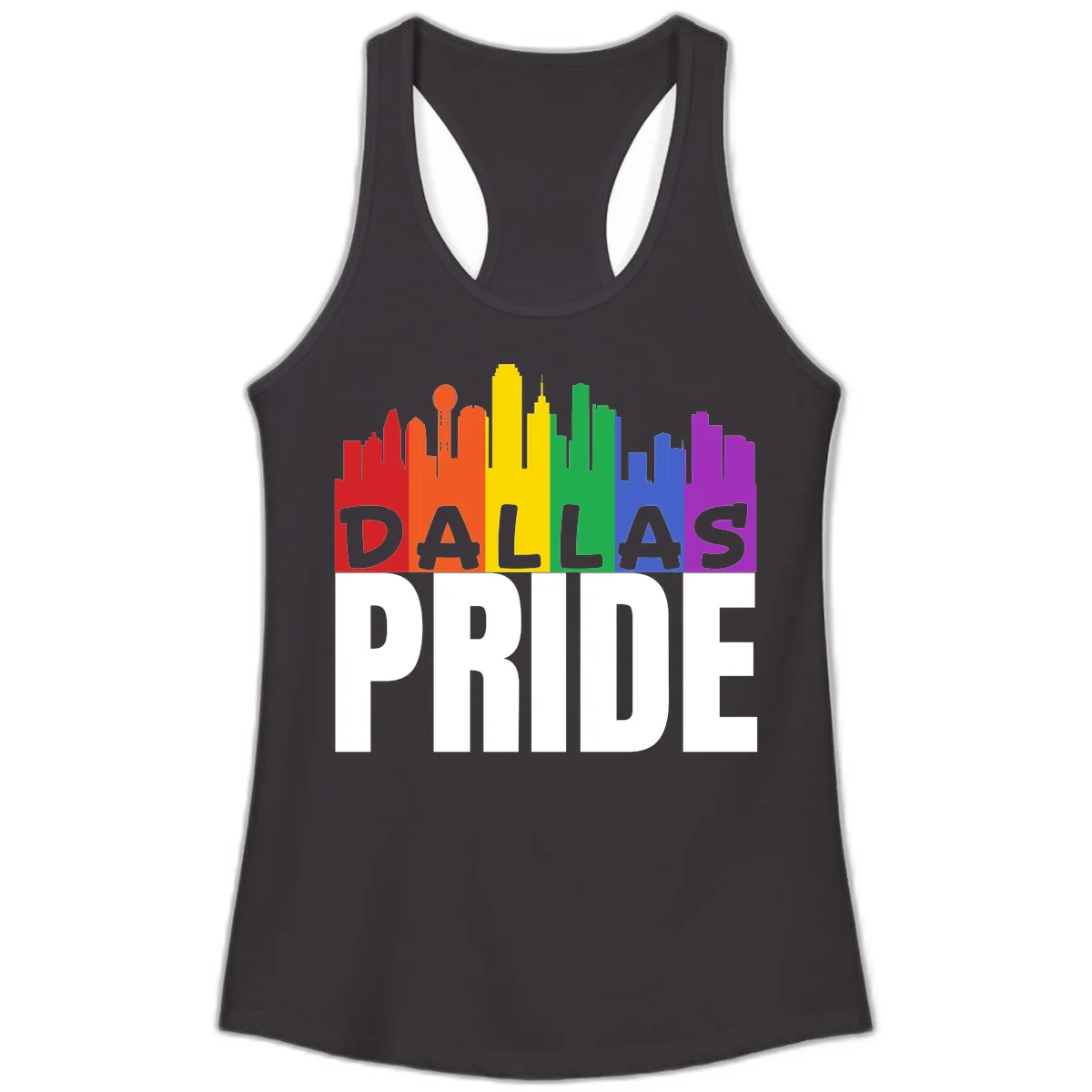 Dallas skyline in rainbow Pride colors with gray 'DALLAS PRIDE' text on white background in Black