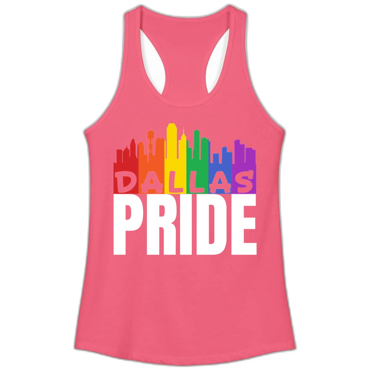 Dallas skyline in rainbow Pride colors with gray 'DALLAS PRIDE' text on white background in Hot Pink