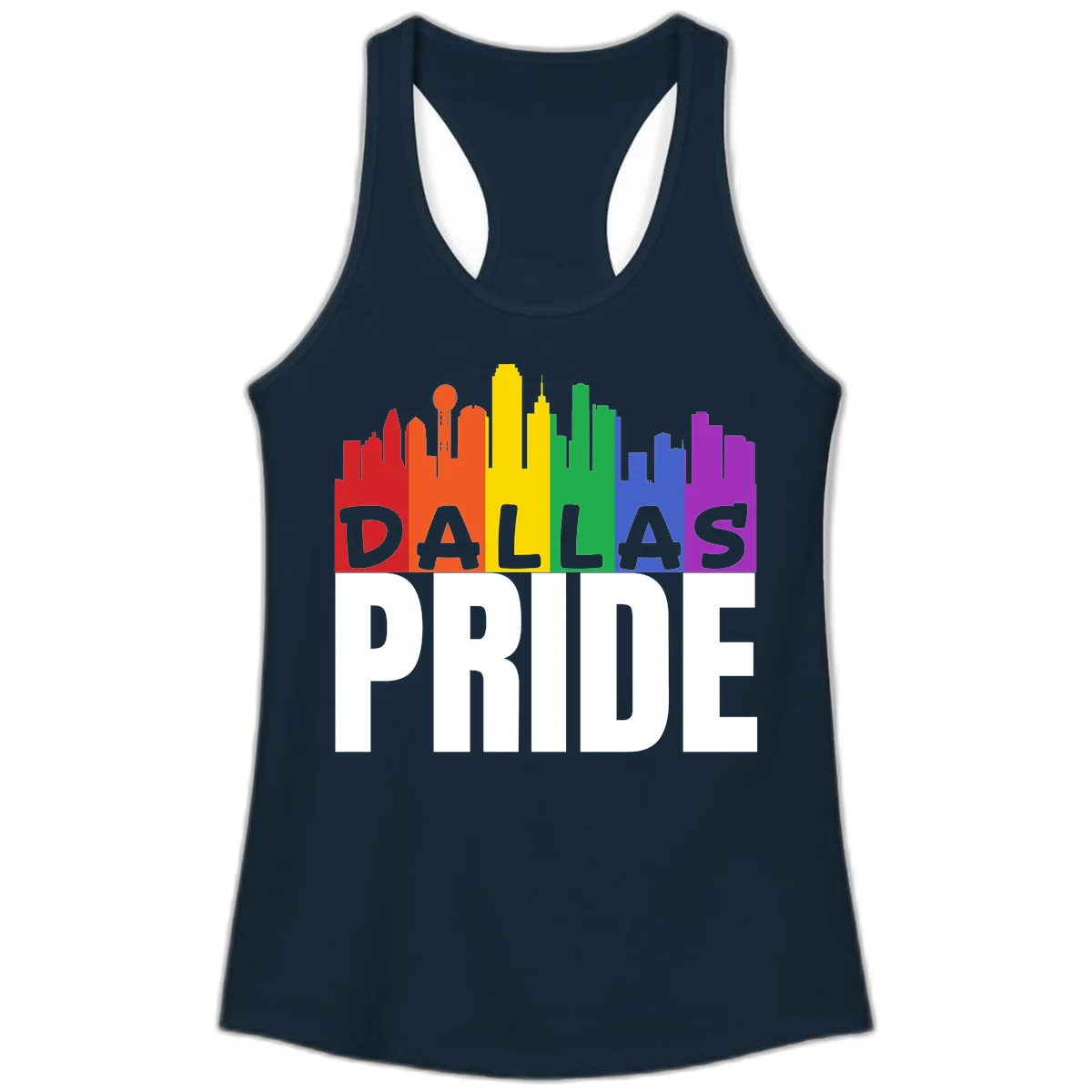 Dallas skyline in rainbow Pride colors with gray 'DALLAS PRIDE' text on white background in Solid Midnight Navy