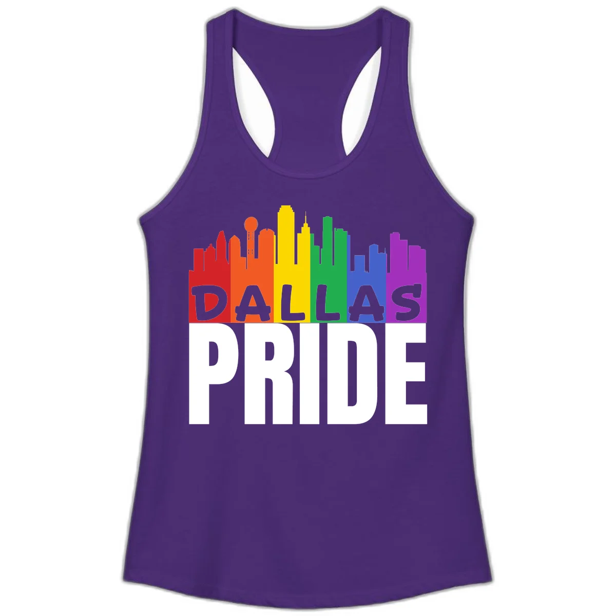 Dallas skyline in rainbow Pride colors with gray 'DALLAS PRIDE' text on white background in Solid Purple Rush