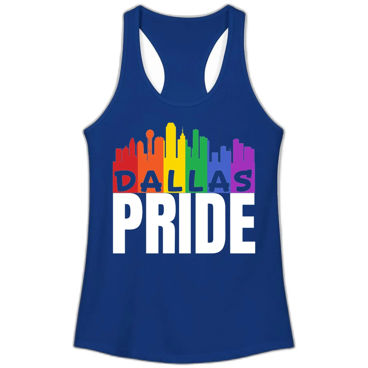 Dallas skyline in rainbow Pride colors with gray 'DALLAS PRIDE' text on white background in Solid Royal