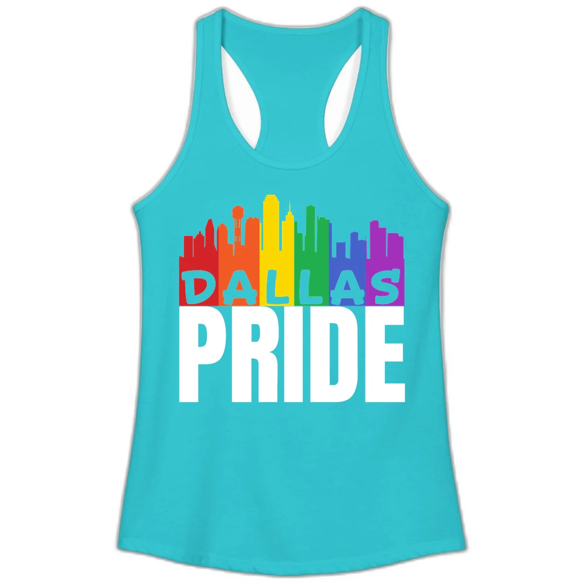Dallas skyline in rainbow Pride colors with gray 'DALLAS PRIDE' text on white background in Solid Tahiti Blue