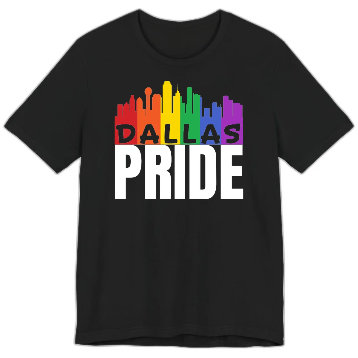 Dallas skyline in rainbow Pride colors with gray 'DALLAS PRIDE' text on white background in Black