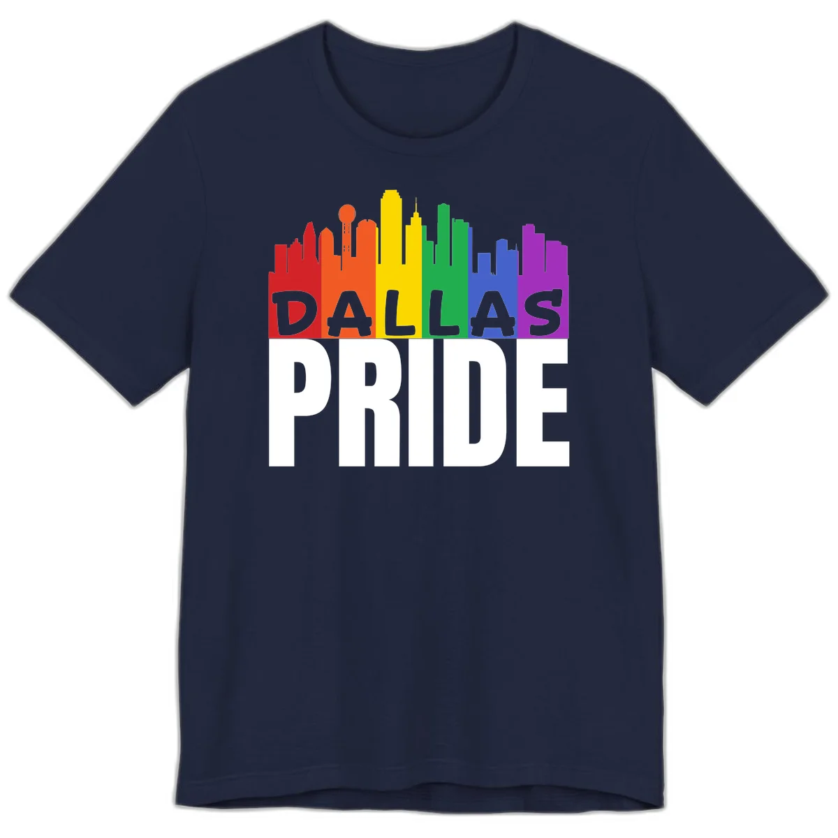 Dallas skyline in rainbow Pride colors with gray 'DALLAS PRIDE' text on white background in Navy