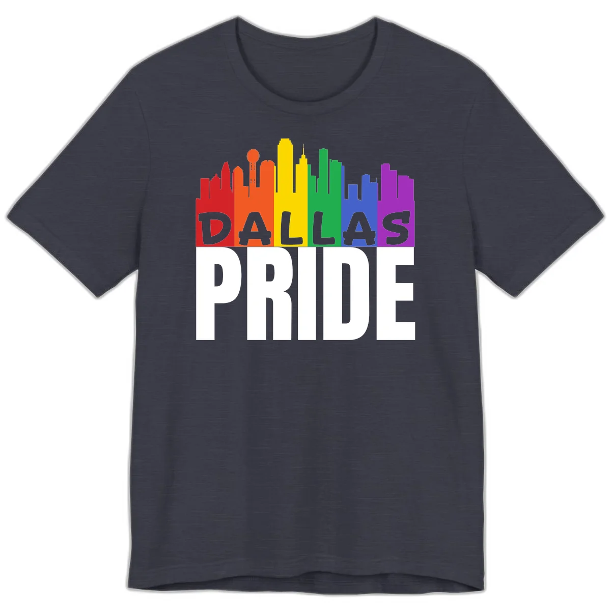 Dallas skyline in rainbow Pride colors with gray 'DALLAS PRIDE' text on white background in Heather Midnight Navy