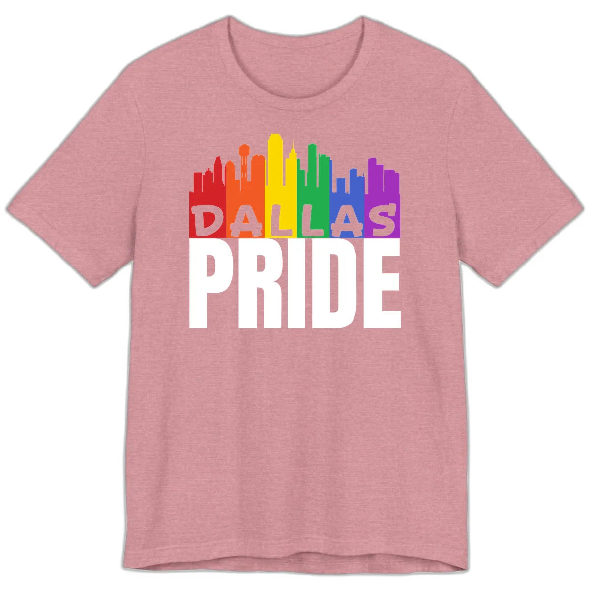 Dallas skyline in rainbow Pride colors with gray 'DALLAS PRIDE' text on white background in Heather Orchid