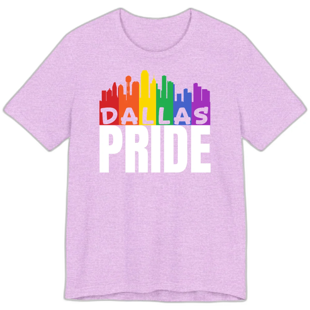 Dallas skyline in rainbow Pride colors with gray 'DALLAS PRIDE' text on white background in Heather Prism Lilac