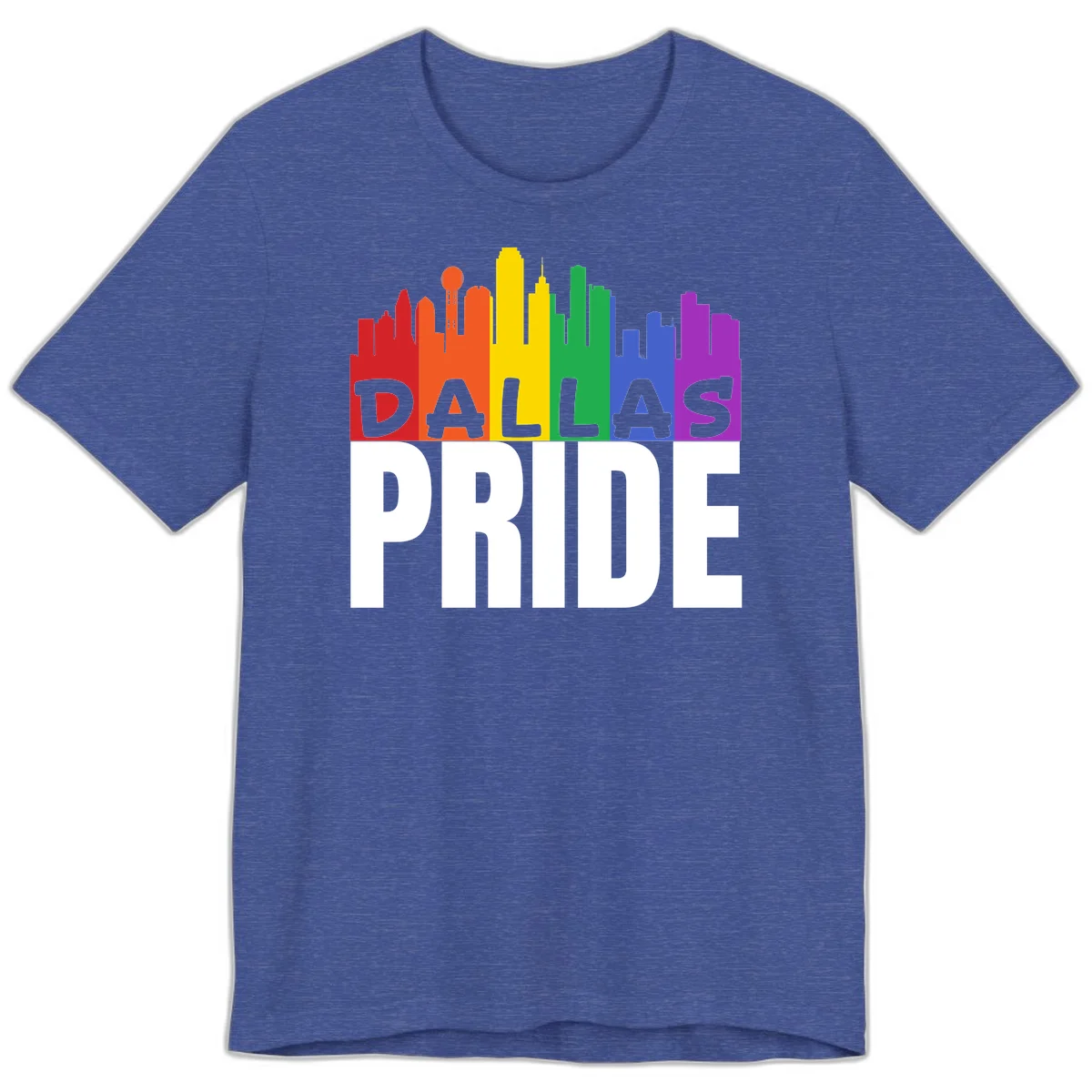 Dallas skyline in rainbow Pride colors with gray 'DALLAS PRIDE' text on white background in Heather True Royal