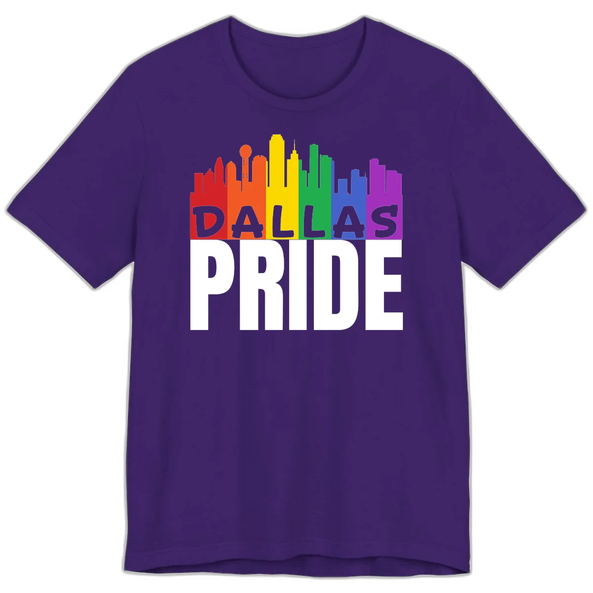 Dallas skyline in rainbow Pride colors with gray 'DALLAS PRIDE' text on white background in Team Purple