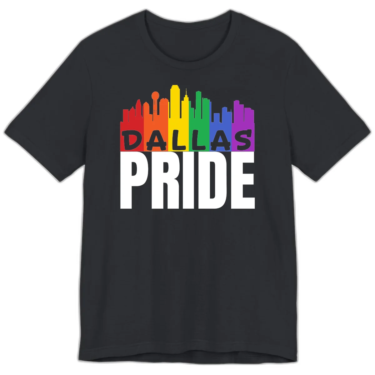 Dallas skyline in rainbow Pride colors with gray 'DALLAS PRIDE' text on white background in Vintage Black