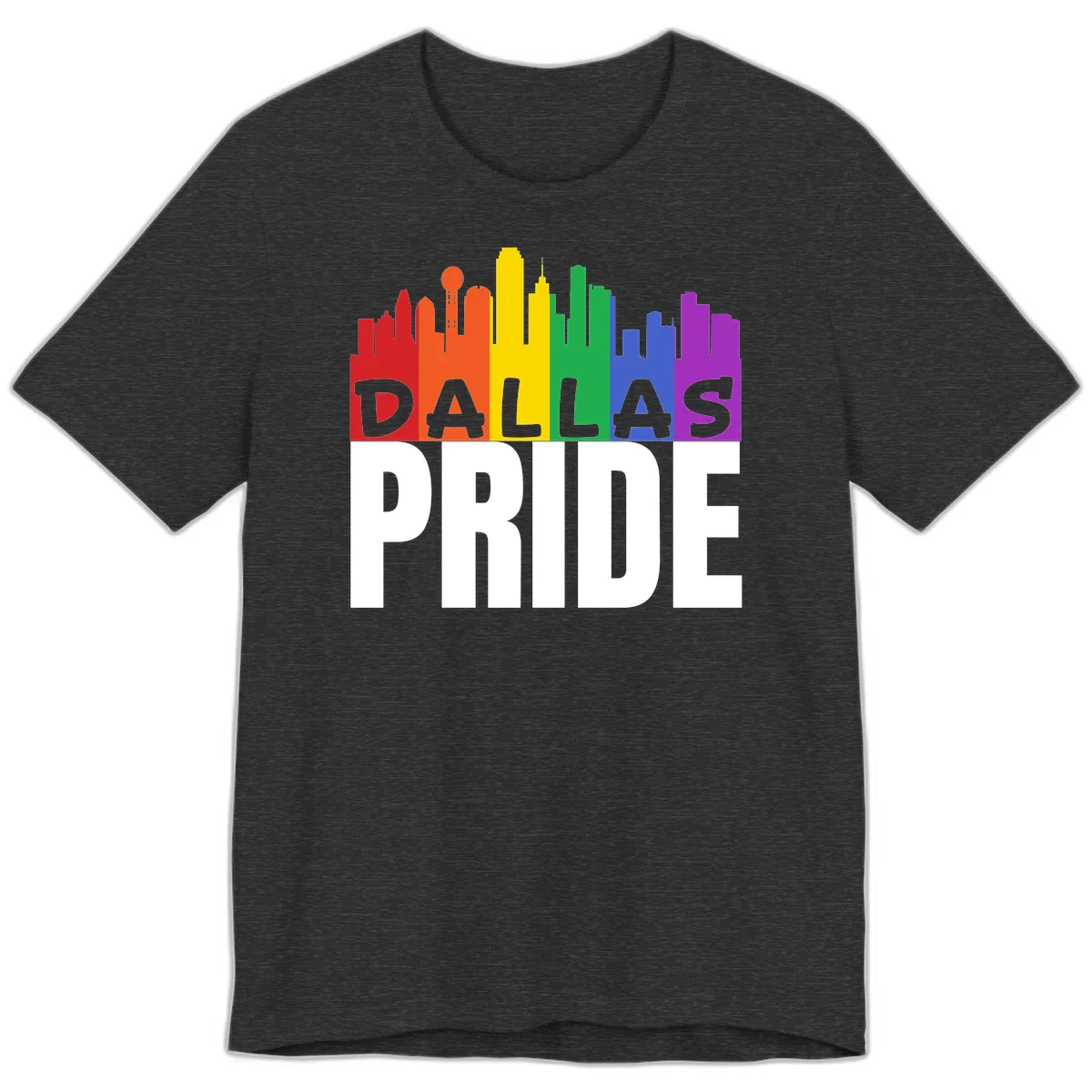 Dallas skyline in rainbow Pride colors with gray 'DALLAS PRIDE' text on white background in Dark Grey Heather