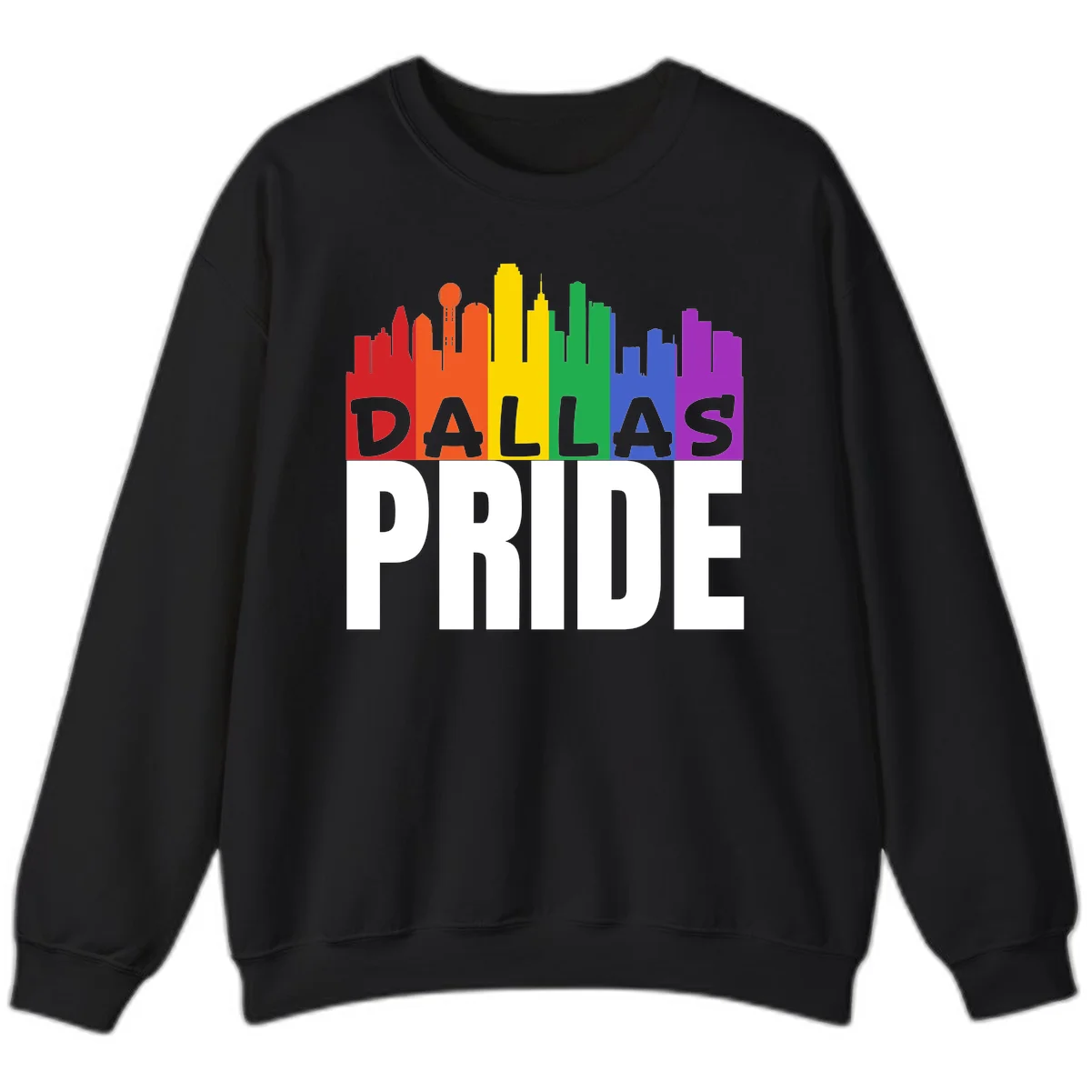 Dallas skyline in rainbow Pride colors with gray 'DALLAS PRIDE' text on white background in Black